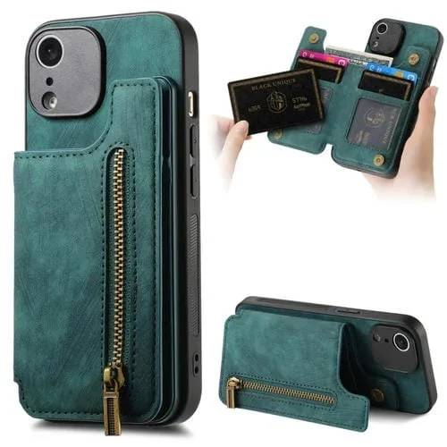 Funda para iPhone Xr Cuero Retro con Cremallera y Billetera (Verde)
