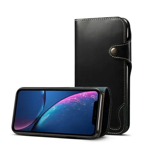 Funda para iPhone Xr Denior Oil Wax Cowhide con Botón Magnético Tapa Horizontal Ranuras para Tarjetas (Negro)