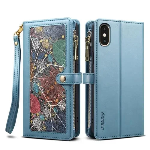 Funda para iPhone Xr Eseble Star Series Lanyard Zipper Wallet Rfid de Cuero (Azul)