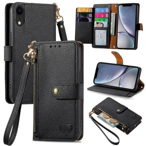 Funda para iPhone Xr Love Zipper Lanyard de Cuero para Teléfono (Negro)