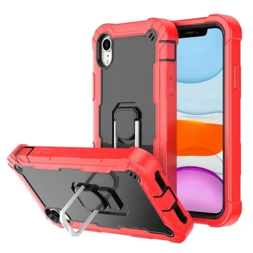 Funda para iPhone Xr PC con Goma 3 Capas a Prueba de Golpes y Soporte Giratorio (Rojo + Negro)