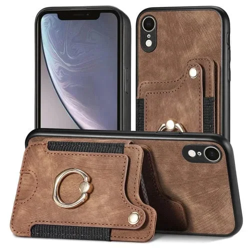 Funda para iPhone Xr Retro Skin-Feel Ring Multi-Card Wallet (Marrón)