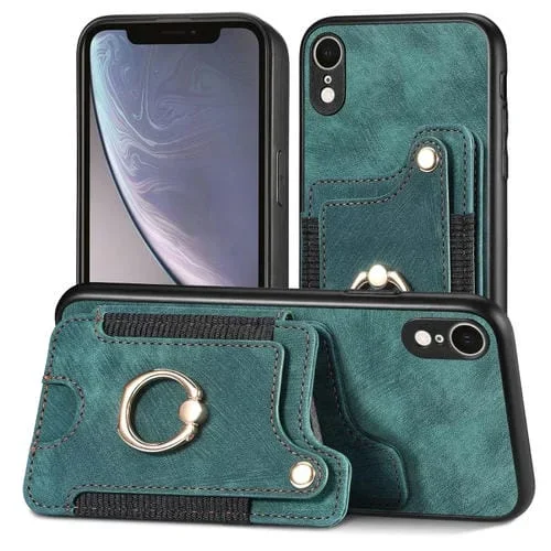 Funda para iPhone Xr Retro Skin-Feel Ring Multi-Card Wallet Phone Case (Verde)