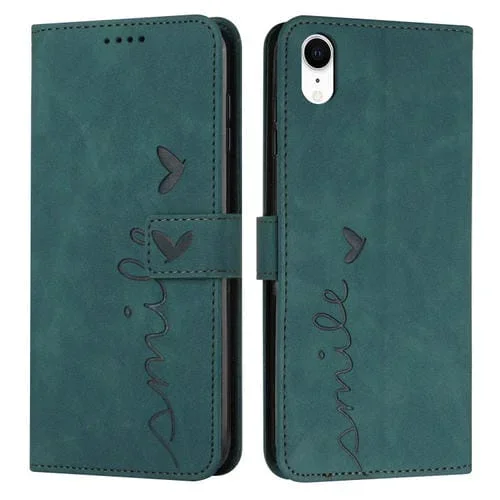 Funda para iPhone Xr Skin Feel Heart Pattern de Cuero (Verde)
