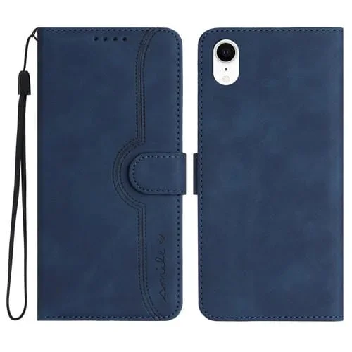 Funda para iPhone Xr Skin Feel Leather con patrón de corazones (Royal Blue)