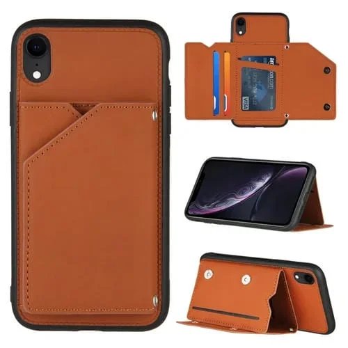 Funda para iPhone Xr Skin Feel Pu TPU PC Contraportada Estuche a Prueba de Golpes Ranuras Tarjetas Soporte Marco Fotos (Marrón)