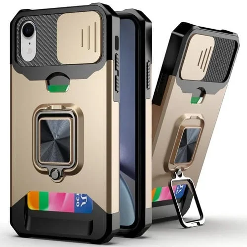 Funda para iPhone Xr Sliding Camshield Ranura para Tarjeta Anillo Kickstand (Oro)