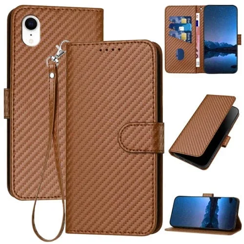 Funda para iPhone Xr Yx0070 de Cuero con Hebilla de Fibra de Carbono y Cordón (Café)
