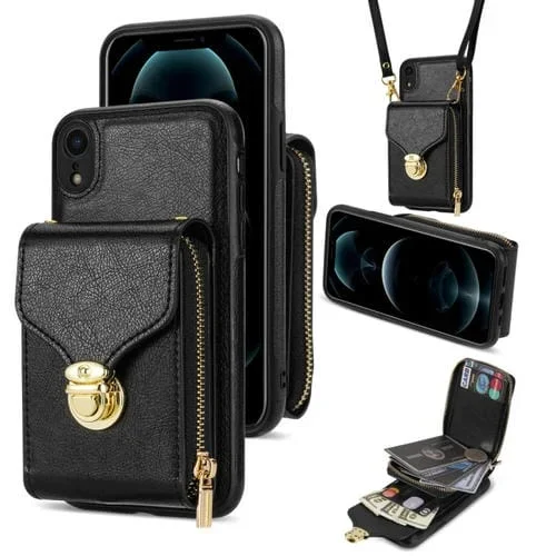 Funda para iPhone Xr Zipper Hardware Card Wallet Phone Case (Negro)