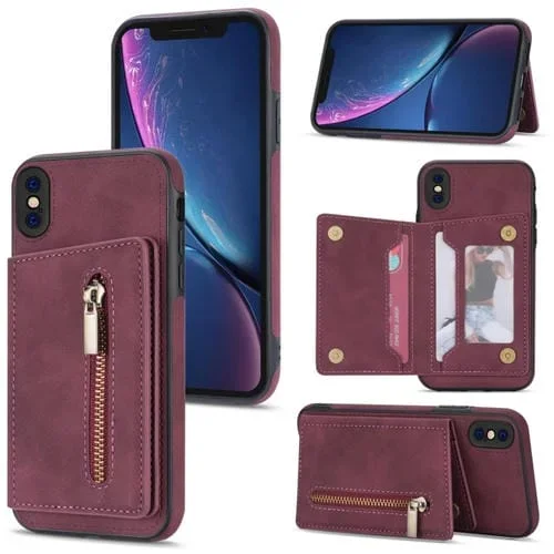Funda para iPhone Xs Max con Cremallera y Tarjetero (Rojo Vino)