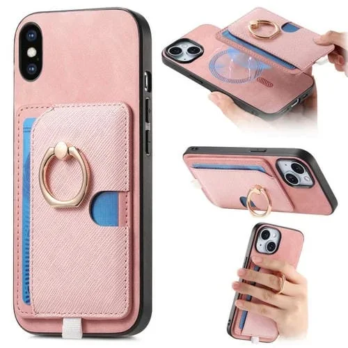 Funda para iPhone Xs Max con Ranuras para Tarjetas y Anillo de Cuero (Rosa)
