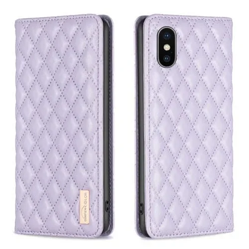Funda para iPhone Xs Max Diamond Lattice Cuero con Tapa Magnética (Púrpura)