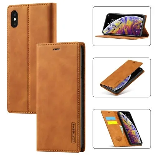 Funda para iPhone Xs Max Lc.Imeeke Flip Horizontal Ultradelgada a Prueba de Golpes con Soporte y Ranuras para Tarjetas (Marrón)