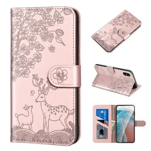 Funda para iPhone Xs Max Sika Deer Relieve Patrón Horizontal Flip PU Cuero con Soporte Ranura Tarjeta Billetera Marco Fotos (Oro Rosa)