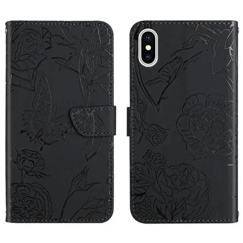 Funda para iPhone Xs Max Skin Feel Butterfly Peony Cuero En Relieve (Negro)