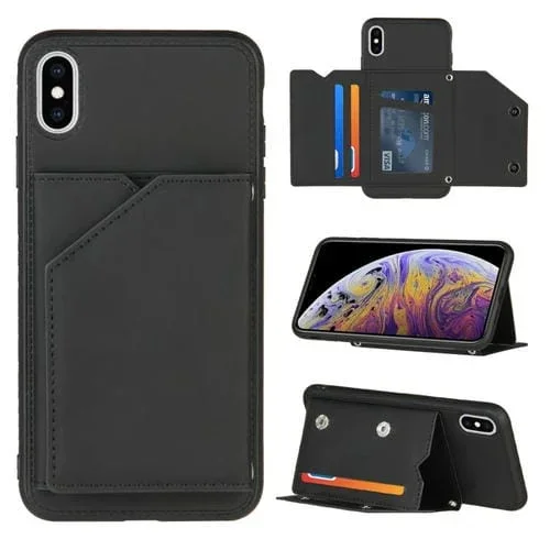 Funda para iPhone Xs Max Skin Feel PU TPU PC Contraportada Estuche a Prueba de Golpes con Ranuras para Tarjetas Soporte Marco de Fotos (Negro)
