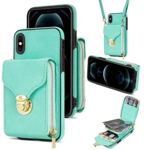 Funda para iPhone Xs Max Zipper Hardware Card Wallet Phone Case (Verde Menta)