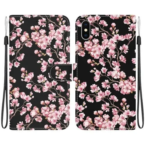 Funda para iPhone Xs / X Cuero con Dibujo Coloreado y Textura de Cristal (Flor de Ciruelo)