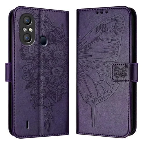 Funda para Itel A58 / A49 de Cuero con Mariposa en Relieve (Púrpura Oscuro)