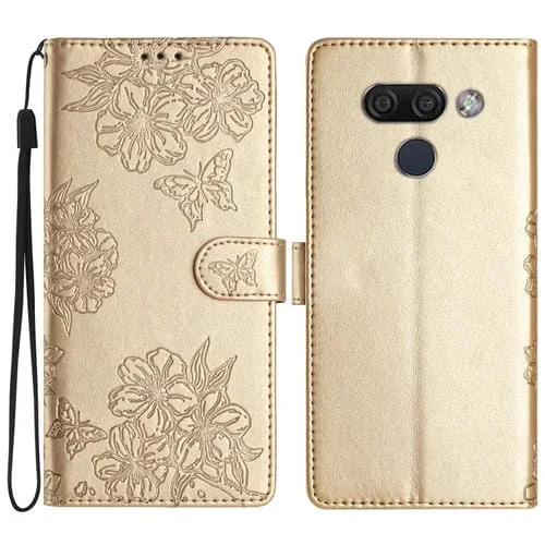 Funda para LG K50 Cherry Blossom Butterfly Skin Feel de PU en Relieve (Oro)