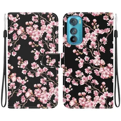 Funda para Motorola Edge 30 de Cuero con Dibujo Coloreado y Textura de Cristal (Flor de Ciruelo)