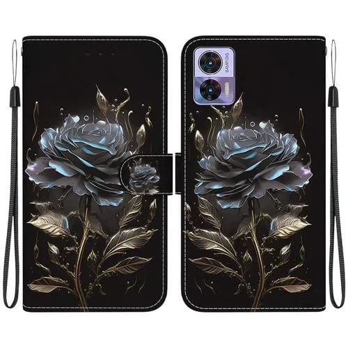 Funda para Motorola Edge 30 Neo / 30 Lite de Cuero con Dibujo Coloreado y Textura de Cristal (Rosa Negra)