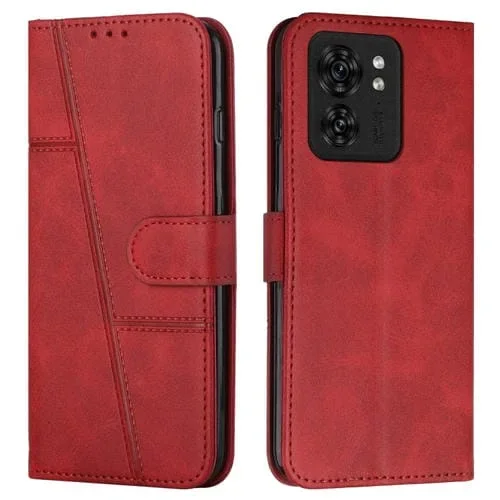 Funda para Motorola Edge 40 de Cuero con Hebilla y Textura de Becerro (Rojo)