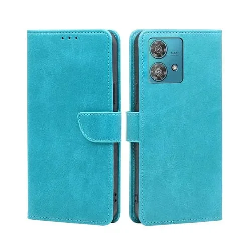Funda para Motorola Edge 40 Neo 5G de Cuero con Tapa Hebilla y Textura de Pantorrilla (Azul Claro)