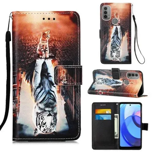 Funda para Motorola Moto E20 E30 E40 Cuero Tejido Liso Dibujo Gato y Tigre (Color)