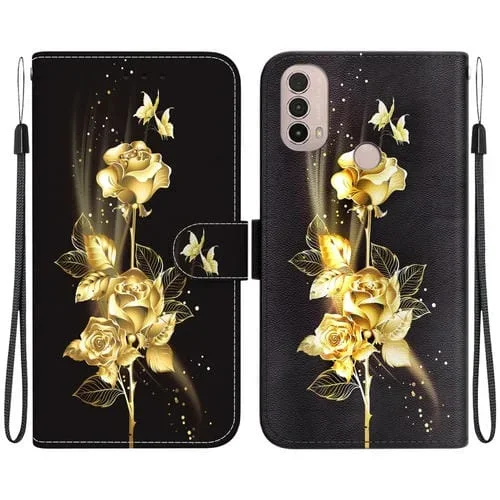 Funda para Motorola Moto E20 E30 E40 de Cuero con Dibujo y Textura de Cristal (Mariposa Dorada Rosa)