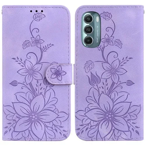Funda para Motorola Moto G Stylus 5G 2022 de Cuero con Relieve Lily (Púrpura)