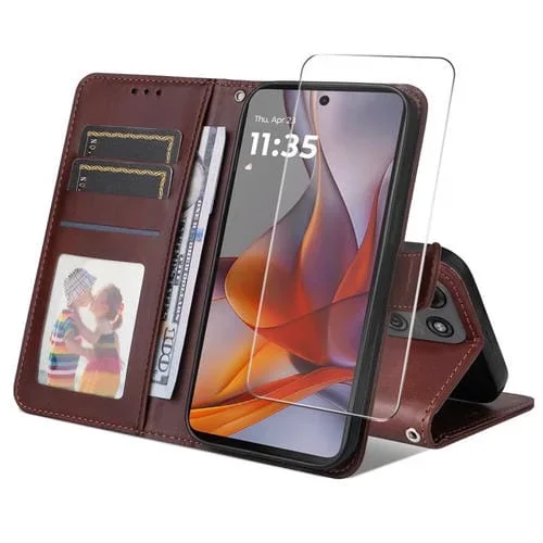 Funda para Motorola Moto G75 Enkay Textura Piel de Becerro con Tarjetero (Marrón)