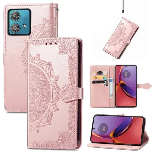 Funda para Motorola Moto G84 de Cuero con Estampado de Flores Mandala (Oro Rosa)