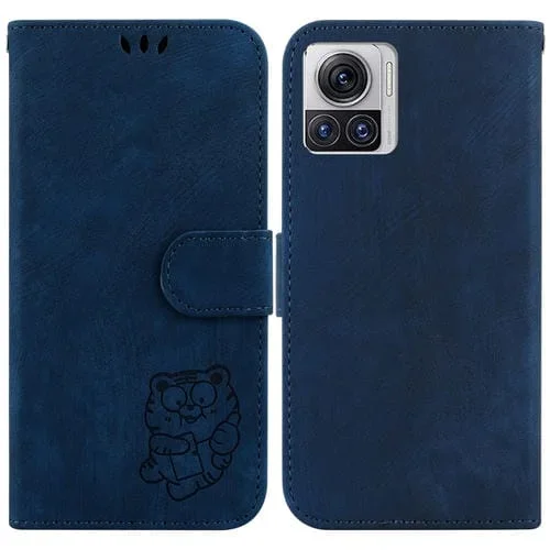 Funda para Motorola Moto X30 Pro 5G de Cuero con Relieve Little Tiger (Azul Oscuro)