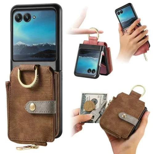 Funda para Motorola Razr 40 con Billetera, Anillo y Múltiples Tarjetas (Marrón)
