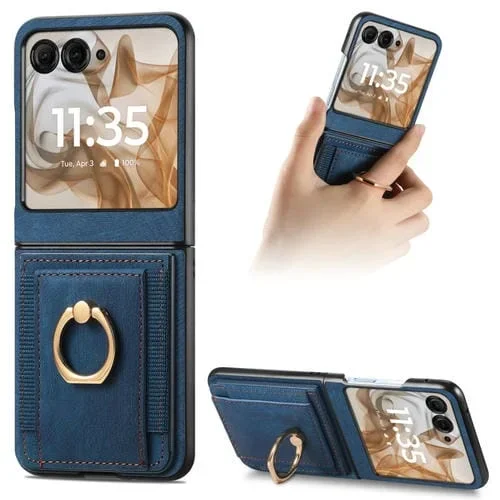 Funda para Motorola Razr 50 con Bolsa para Tarjeta y Anillo Sensación de Piel Ultra Retro (Azul)