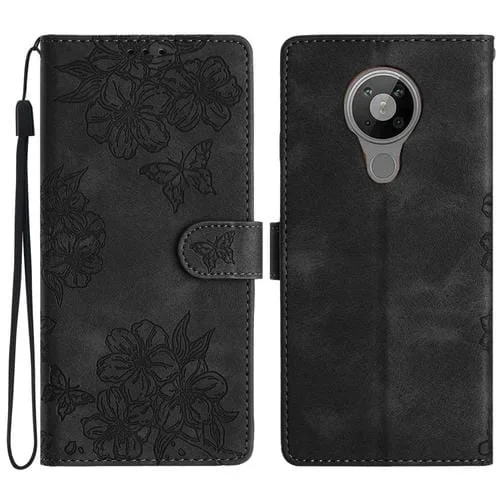 Funda para Nokia 5.4 Cherry Blossom Butterfly Skin Feel de PU en Relieve (Negro)