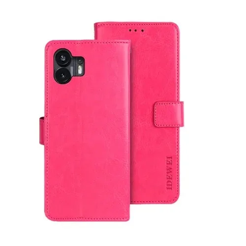 Funda para Nothing Phone 2 Idewei Cuero Textura Crazy Horse con Soporte (Rojo Rosa)