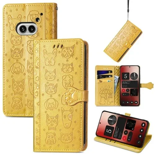 Funda para Nothing Phone 2A de Cuero con Relieve de Perro y Gato (Amarillo)