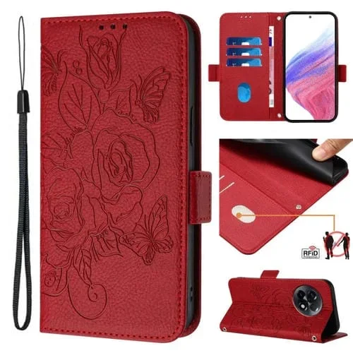 Funda para OnePlus 11R 5G de Cuero Antirrobo RFID con Rosa en Relieve (Rojo)