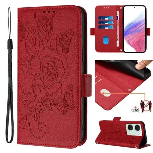 Funda para OnePlus Ace 2V y Nord 3 de Cuero Antirrobo RFID con Rosa en Relieve (Rojo)