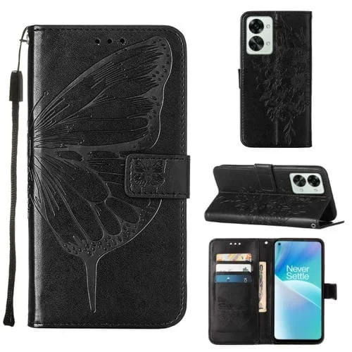 Funda para OnePlus Nord 2T 5G de Cuero con Mariposa en Relieve (Negro)