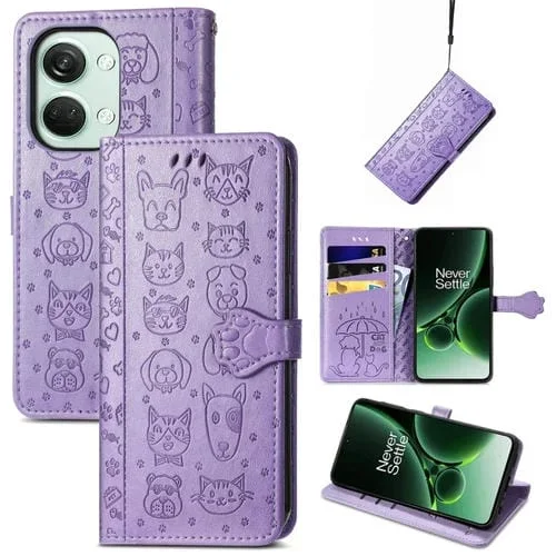 Funda para OnePlus Nord 3 de Cuero con Relieve de Gato y Perro (Púrpura)
