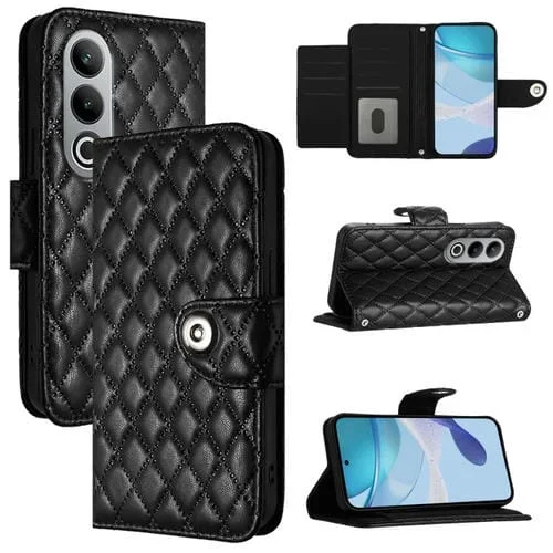 Funda para OnePlus Nord Ce4 de Cuero con Tapa Textura Rómbica y Cordón (Negro)