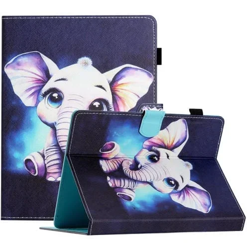 Funda para Tablet de Cuero con Costuras y Dibujo Elefante 10 Pulgadas