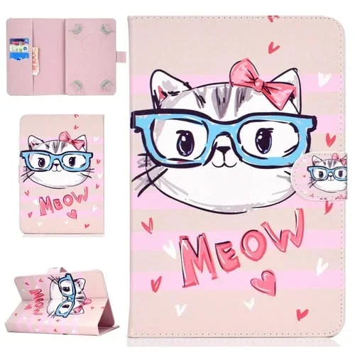 Funda para Tablet Pc Universal 10 Pulgadas Cuero PU con Tapa Horizontal Soporte y Ranura (Gafas Cat)
