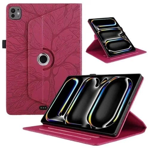 Funda para Tableta iPad Pro 13 Tree Life 2024 Cuero Rotación En Relieve (Rojo)
