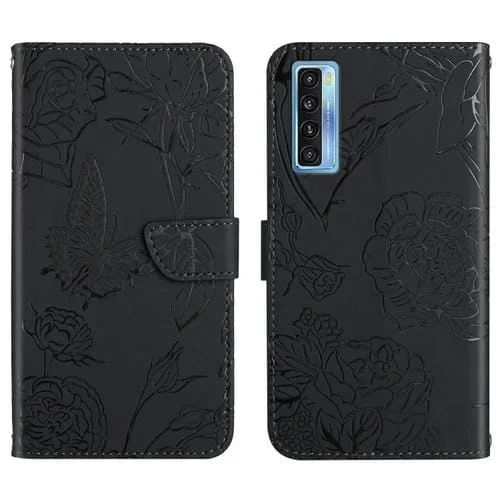 Funda para TCL 20 Pro 5G Skin Feel con Relieve Mariposa Peonía de Cuero (Black)
