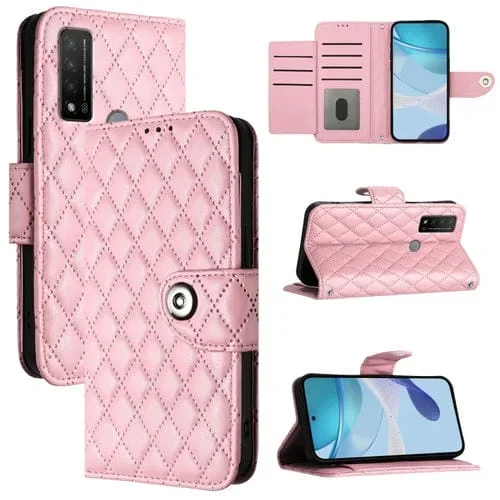 Funda para TCL 20 R 5G de Cuero con Tapa Textura Romboidal y Cordón (Rosa)