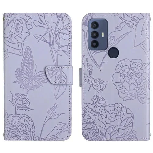 Funda para TCL 30 SE con Piel Sintética Grabada Mariposa y Peonía (Púrpura)